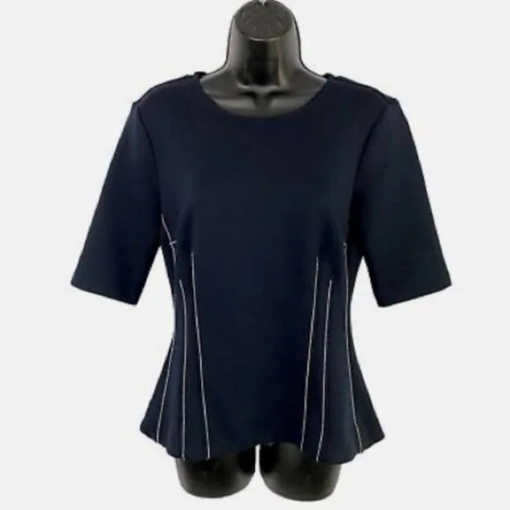 Ann Taylor Blue Peplum Blouse w White Contrast Stitch